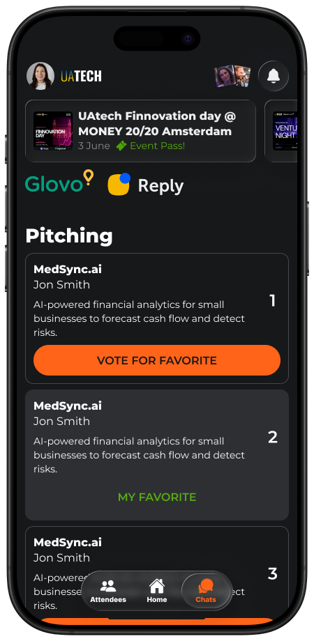 TechEmbassy app showing the attendee feed and live pitch voting